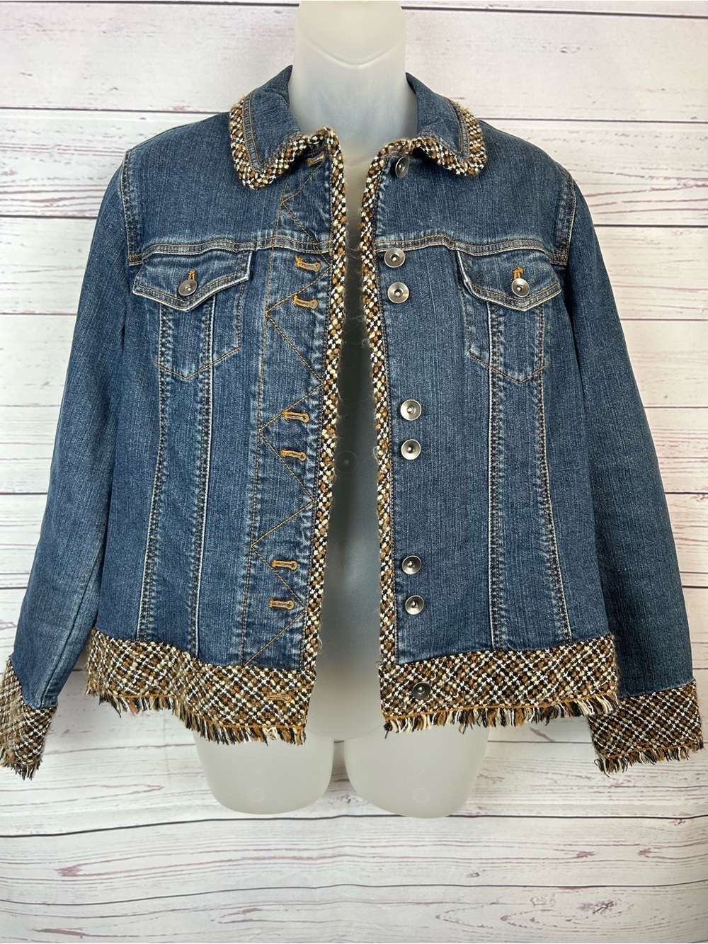 Coldwater Creek Denim Jean Jacket Sz 12 P Petite Blue Stretch Brown Tweed Fringe